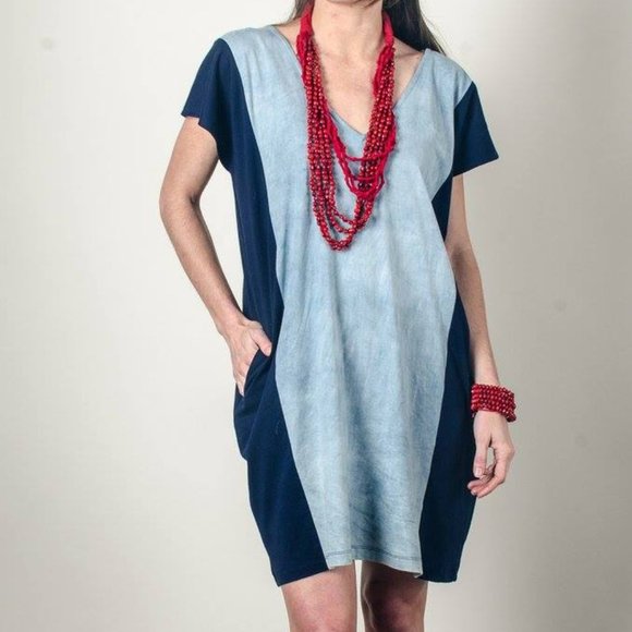 Tonle Color Block Shirt-Dress in Blue & Chambray - Picture 1 of 3
